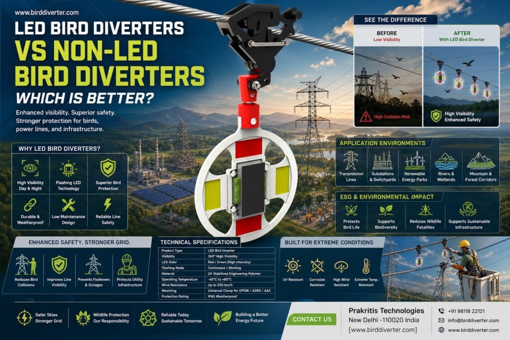 LED bird diverter installed on transmission lines to enhance avian safety and visibility.