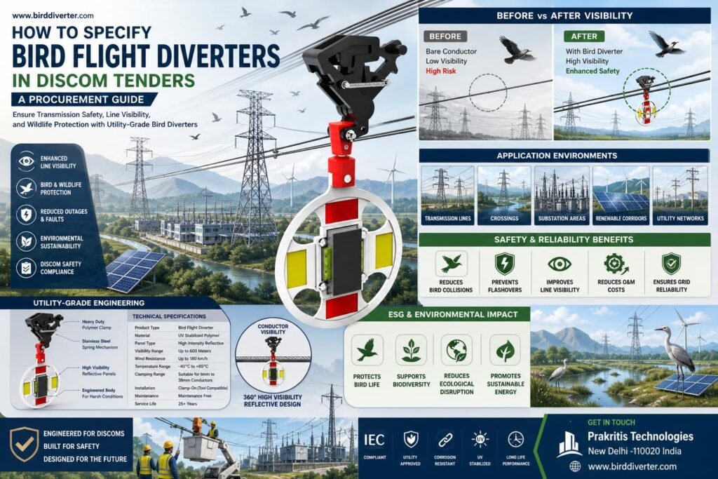 Bird diverter installation on transmission lines for avian protection in utility infrastructure.