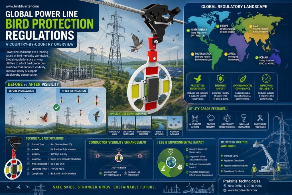 Illustration of power line bird protection regulations global application in utility infrastructure.