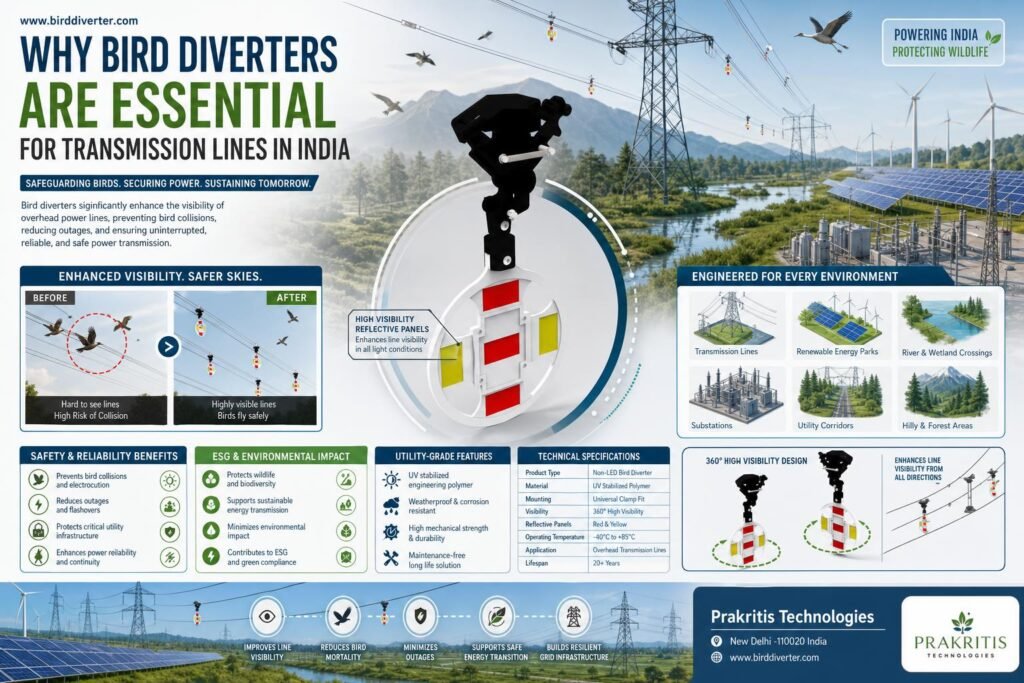 Bird diverter for transmission lines enhancing avian protection