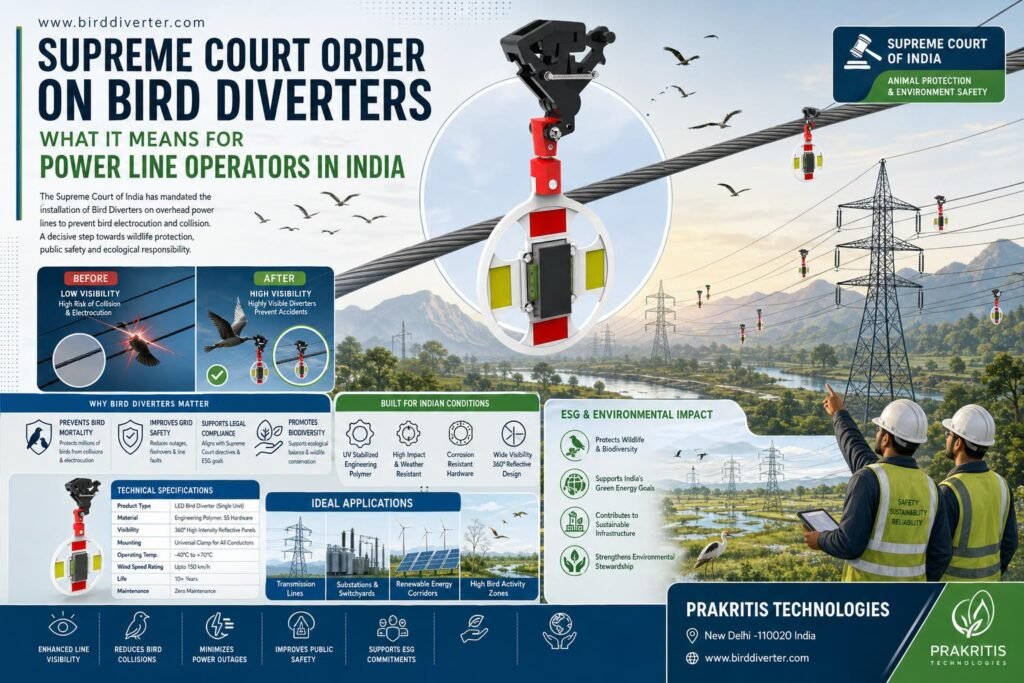 Supreme Court bird diverter installation in India, ensuring transmission safety for utilities.