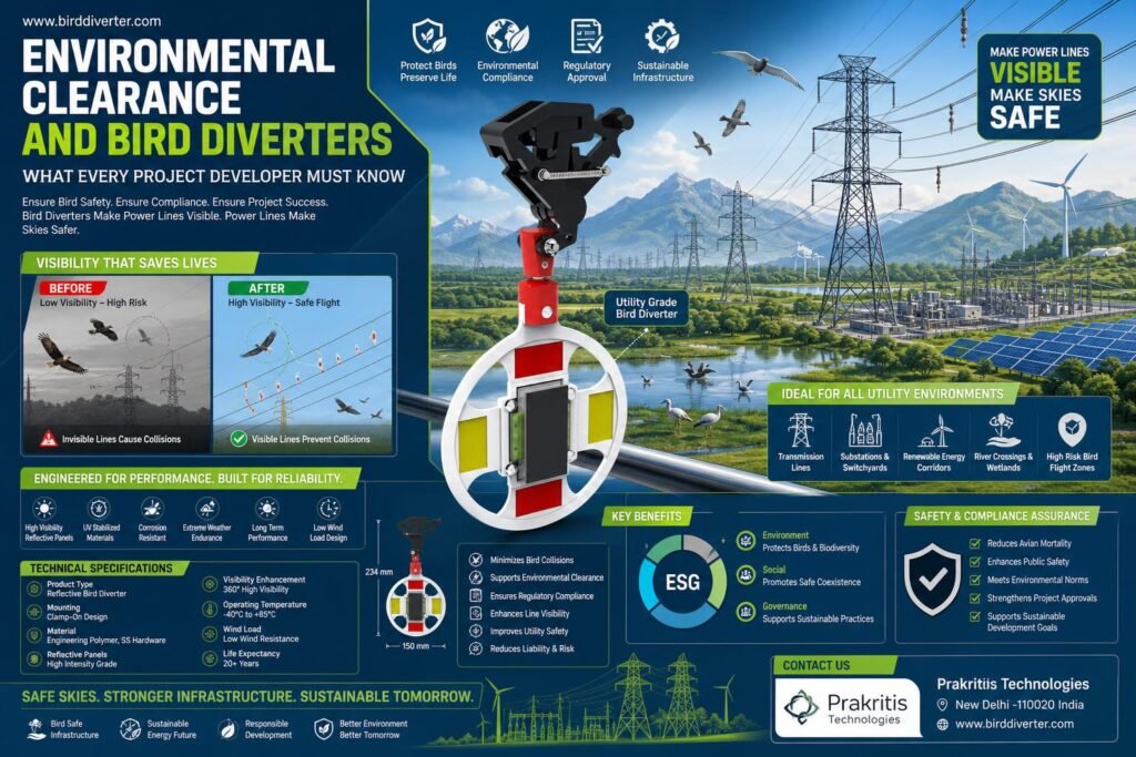 Bird diverter installation demonstrating environmental clearance in India for utility infrastructure.