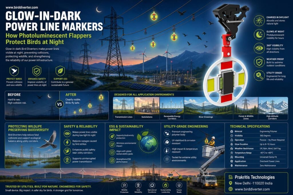 Glow in dark power line marker installation for bird protection in utility infrastructure.