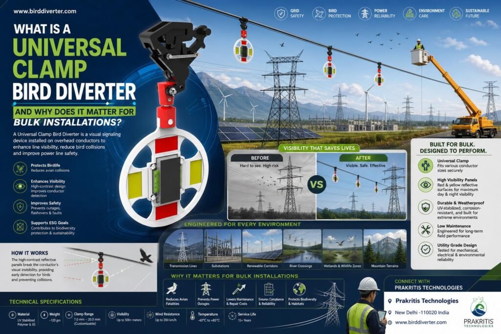 Universal clamp bird diverter installed on high-voltage transmission lines for avian protection.