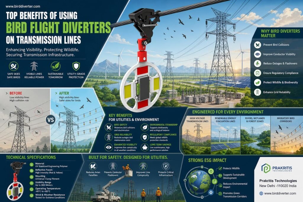 Bird flight diverter on a high-voltage transmission line for avian safety