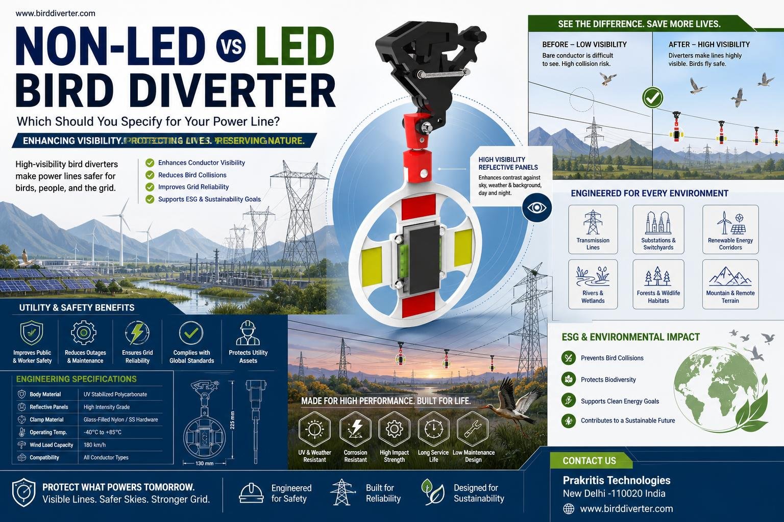 Non-LED vs LED Bird Diverter — Which Should You Specify for Your Power Line?