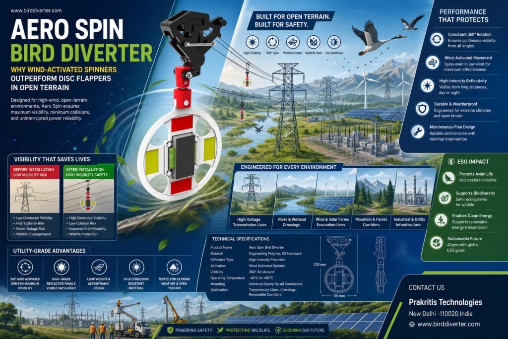 Aero Spin bird diverter on transmission lines providing avian protection and increasing visibility.