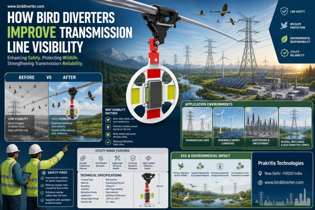 Transmission line visibility marker highlighting avian protection in utility infrastructure.