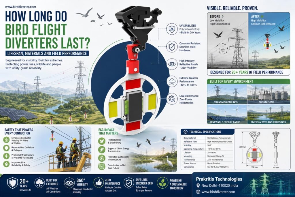Illustration of bird flight diverter lifespan and materials on transmission infrastructure.