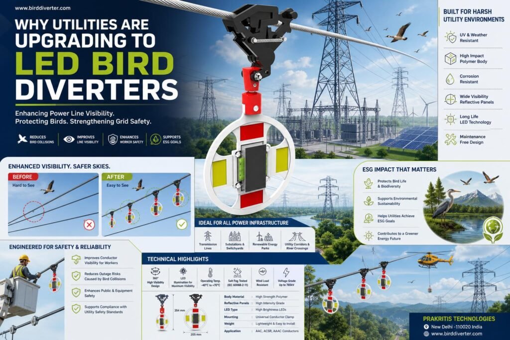 An LED avian diverter installed on transmission lines enhances visibility and safety.