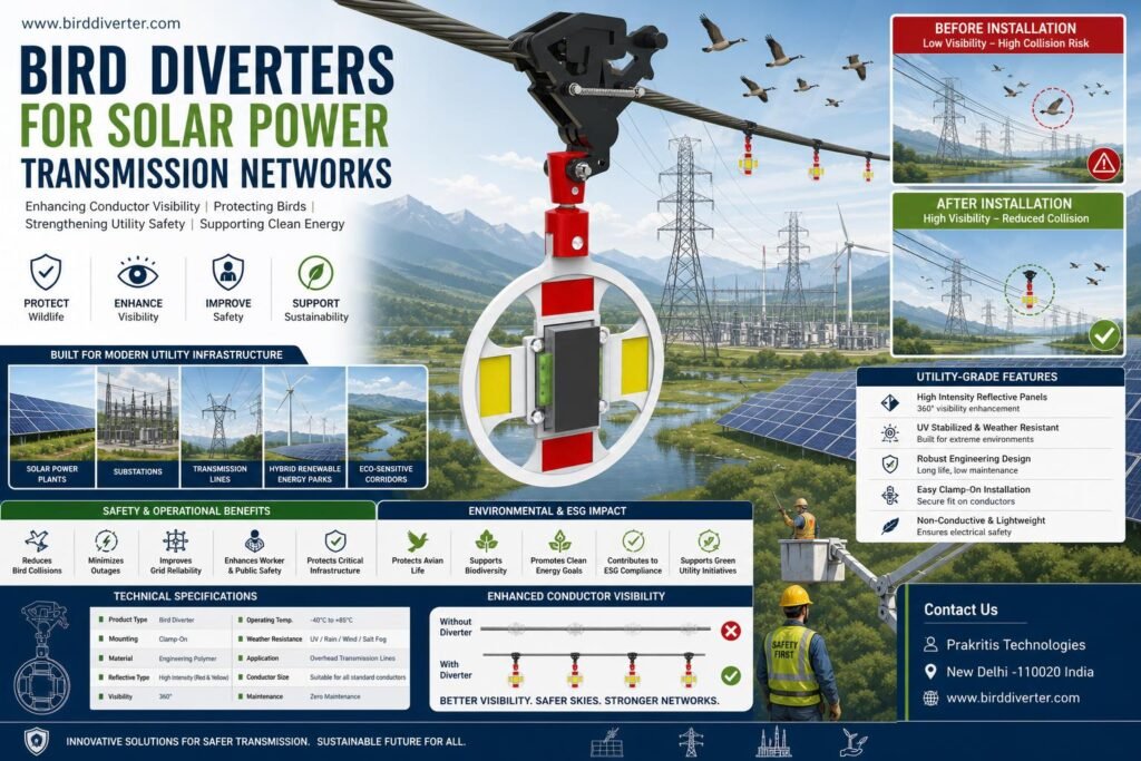 Solar transmission bird diverter installed on transmission lines for avian protection.