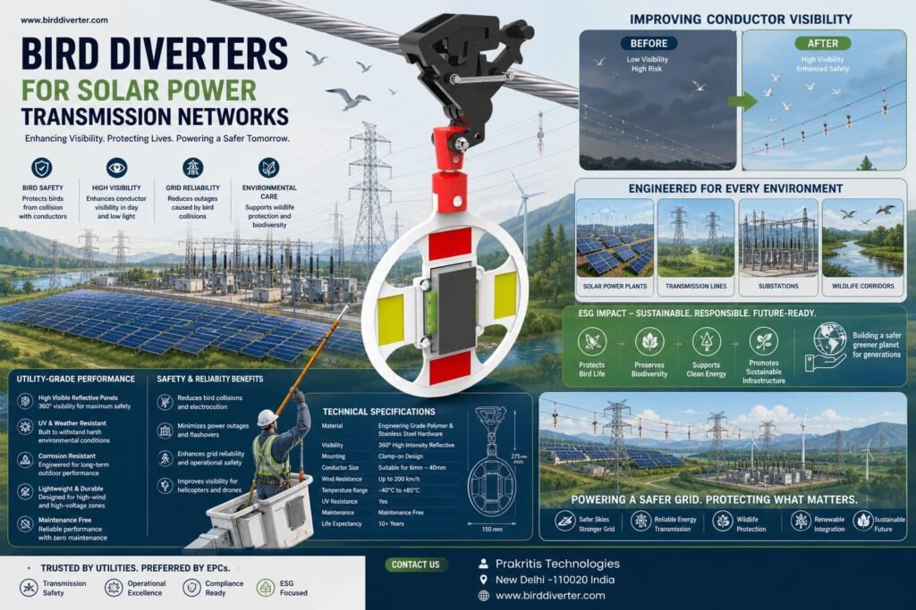 Solar transmission bird diverter installation on power line infrastructure for avian protection.