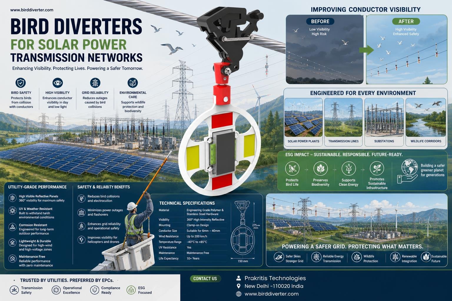 Bird Diverters for Solar Power Transmission Networks: Enhancing Safety and Efficiency