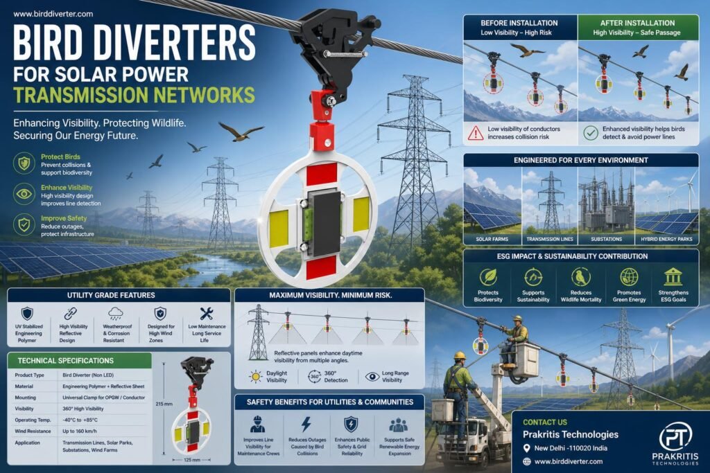 Solar transmission bird diverter installed on high-voltage lines enhancing utility infrastructure safety.