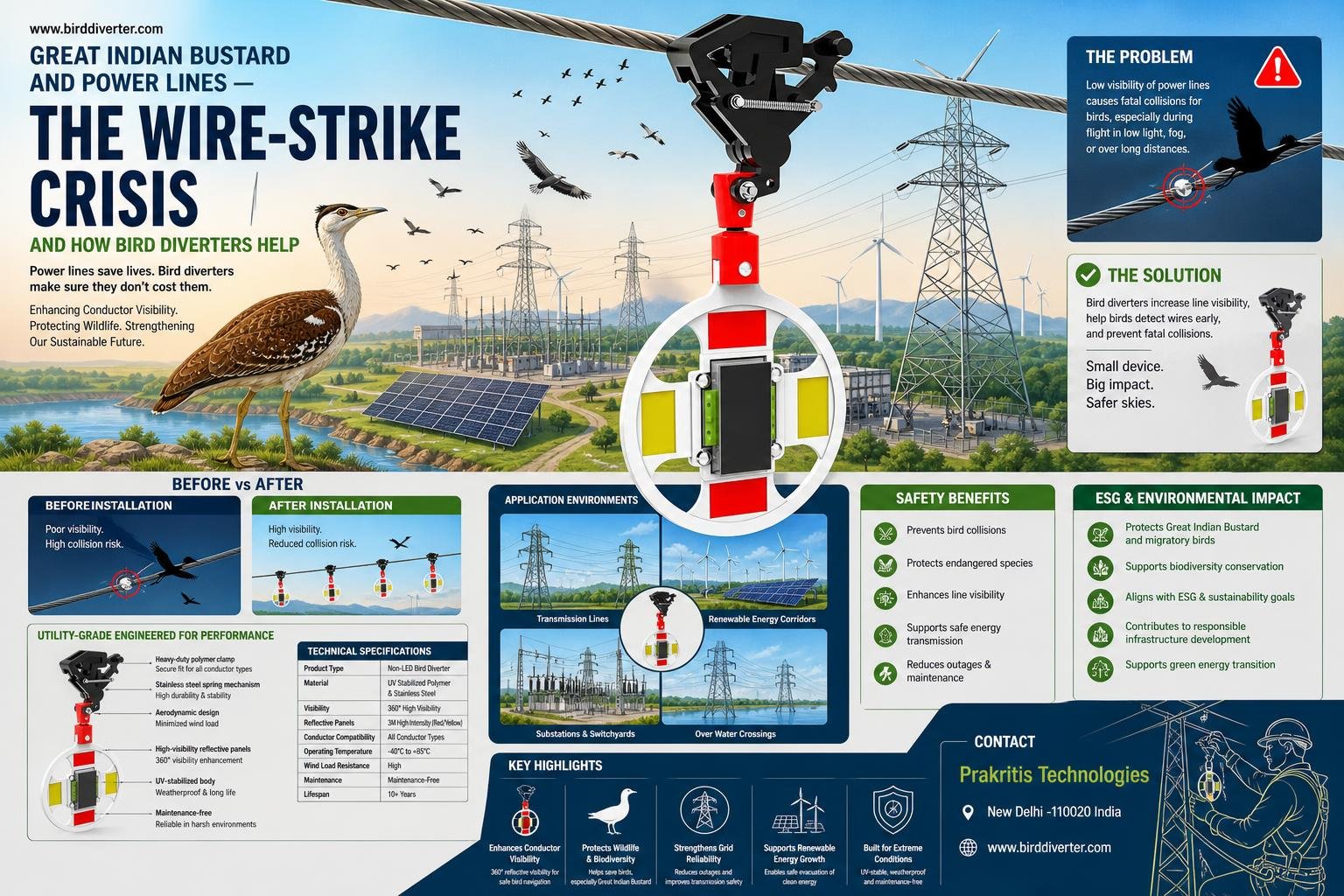 Great Indian Bustard and Power Lines — The Wire-Strike Crisis and How Bird Diverters Help