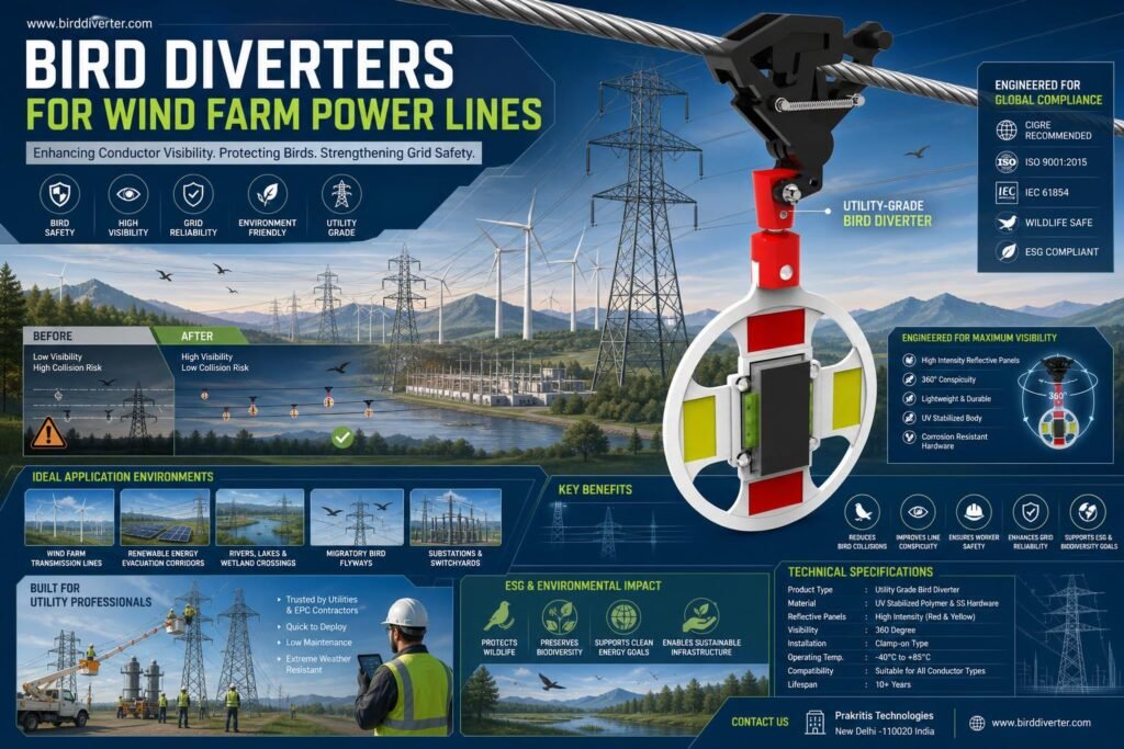Wind farm bird diverter installation on power line for avian protection and transmission safety.