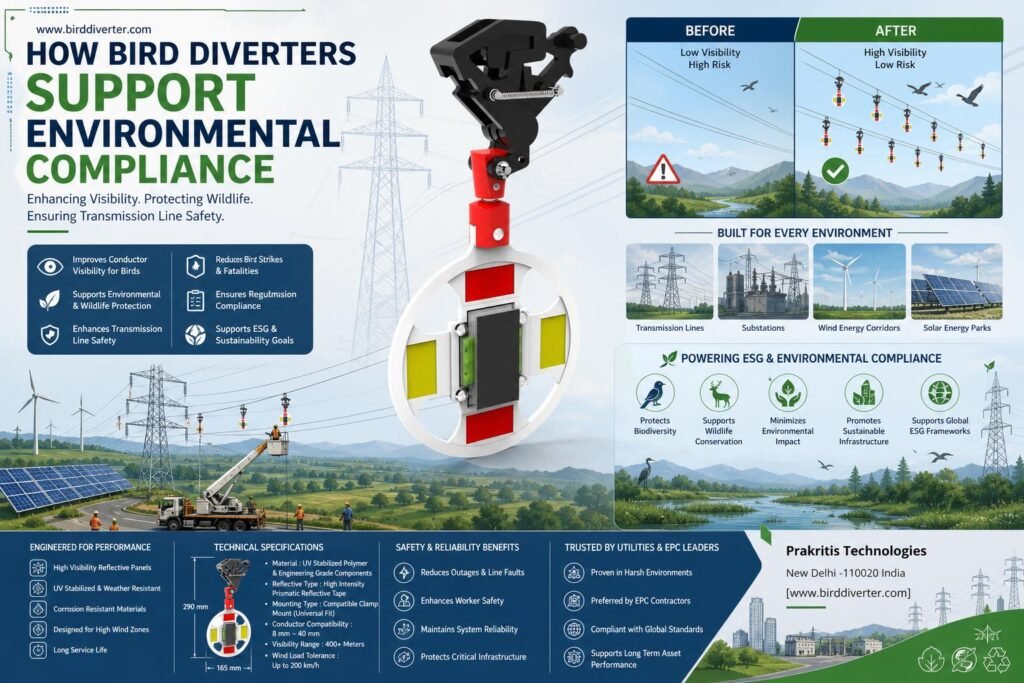 Environmental compliance bird diverter on transmission line for avian protection in utility infrastructure.