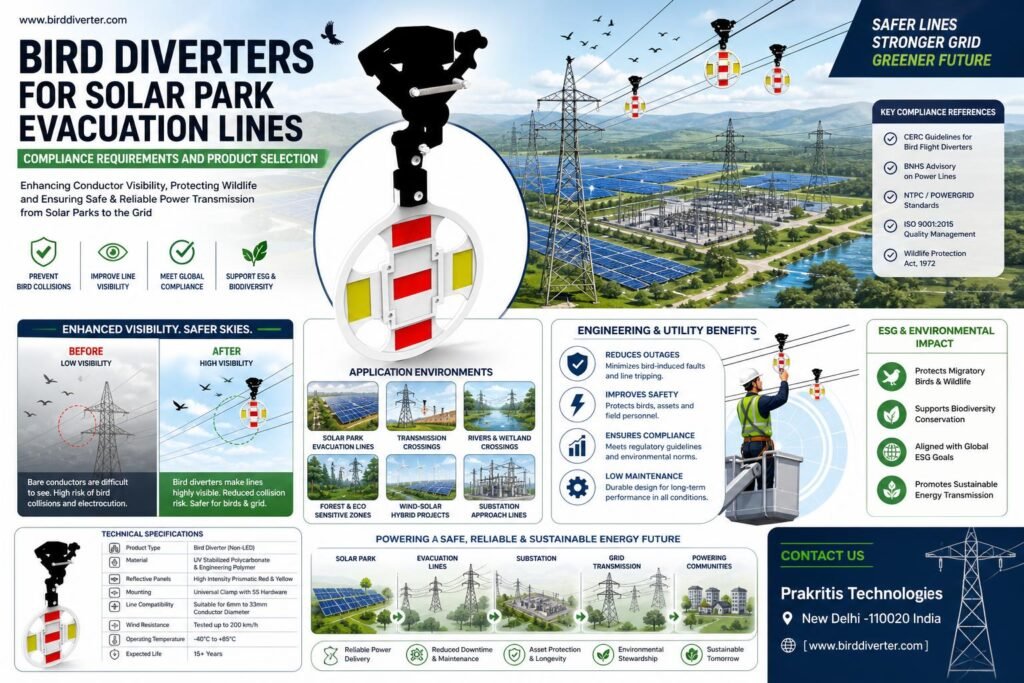 Bird diverter installation on a solar park evacuation line for enhanced utility infrastructure.