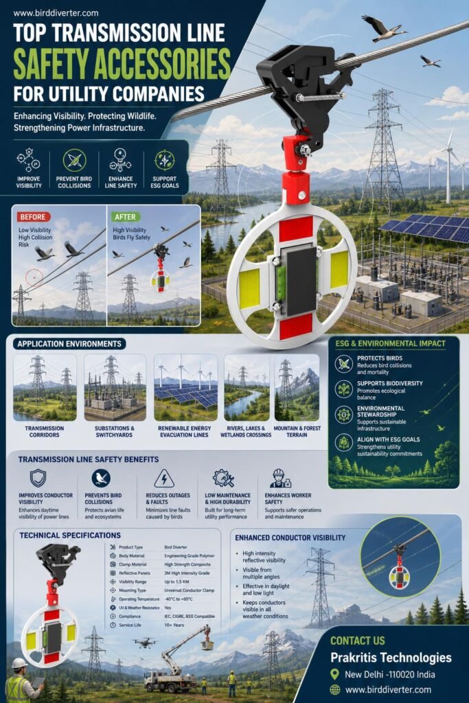 Transmission line safety accessories enhancing utility infrastructure and avian protection.