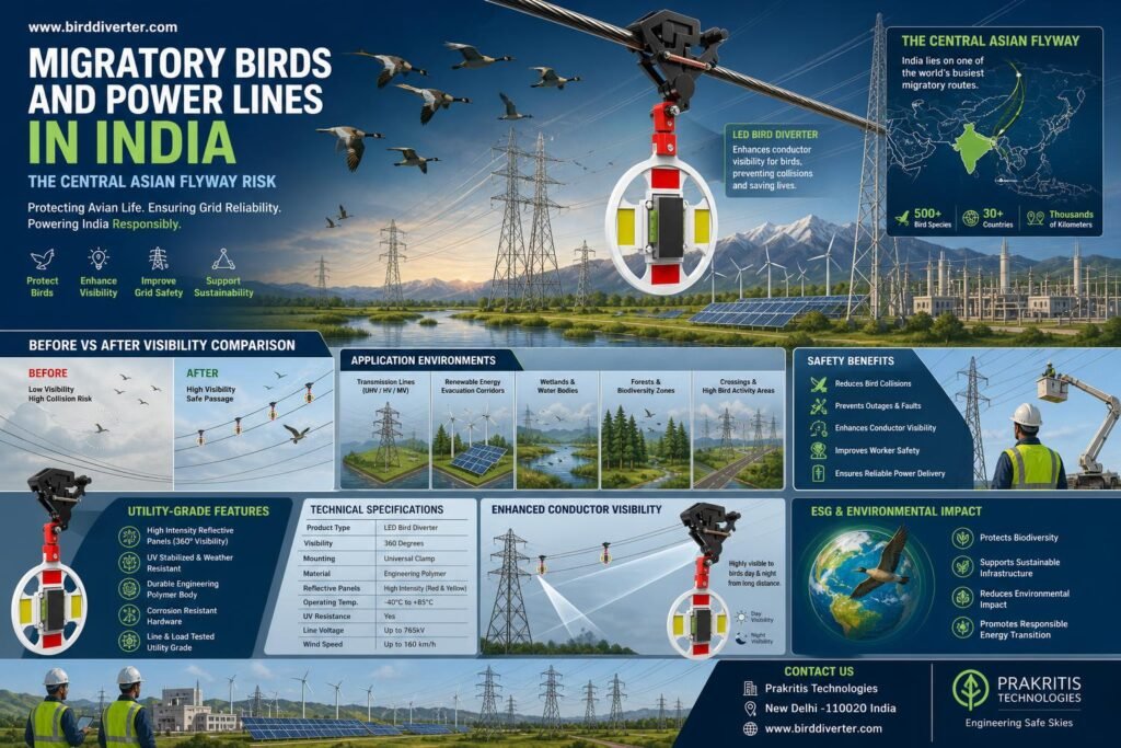 Migratory birds and power line safety in India with bird diverters on high-voltage infrastructure.