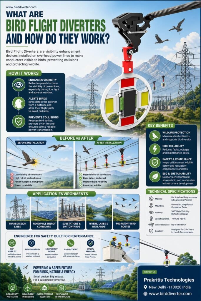 Bird flight diverter installed on utility transmission lines for avian protection and visibility.