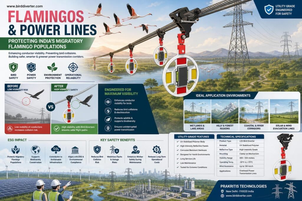 Flamingo power line collision prevention measures in India with bird diverters used in utility infrastructure.
