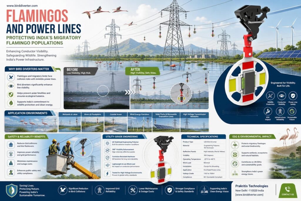 Flamingo power line collision prevention with bird diverters