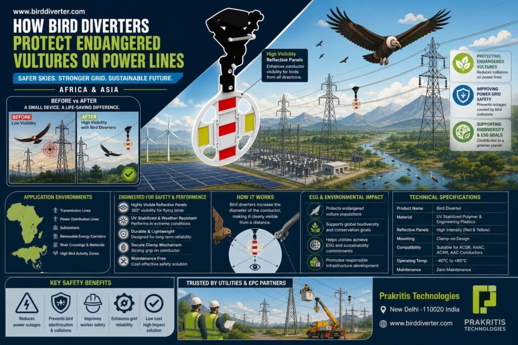 Vulture power line bird diverter installation for avian protection in utility infrastructure.