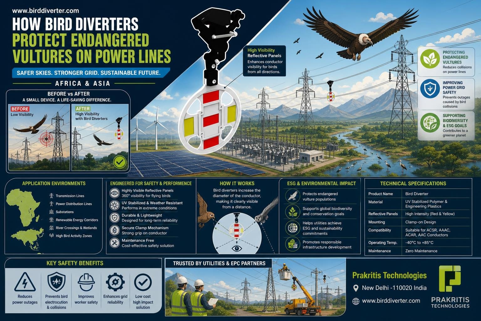 How Bird Diverters Ensure the Safety of Endangered Vultures on Power Lines in Africa and Asia