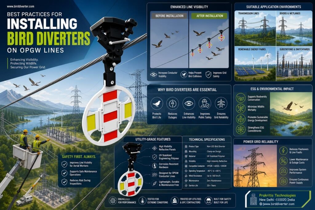 Installation of OPGW bird diverters on transmission lines for avian protection.