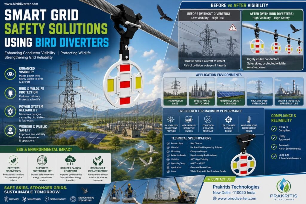 Smart grid bird diverter on a transmission line for enhanced safety.