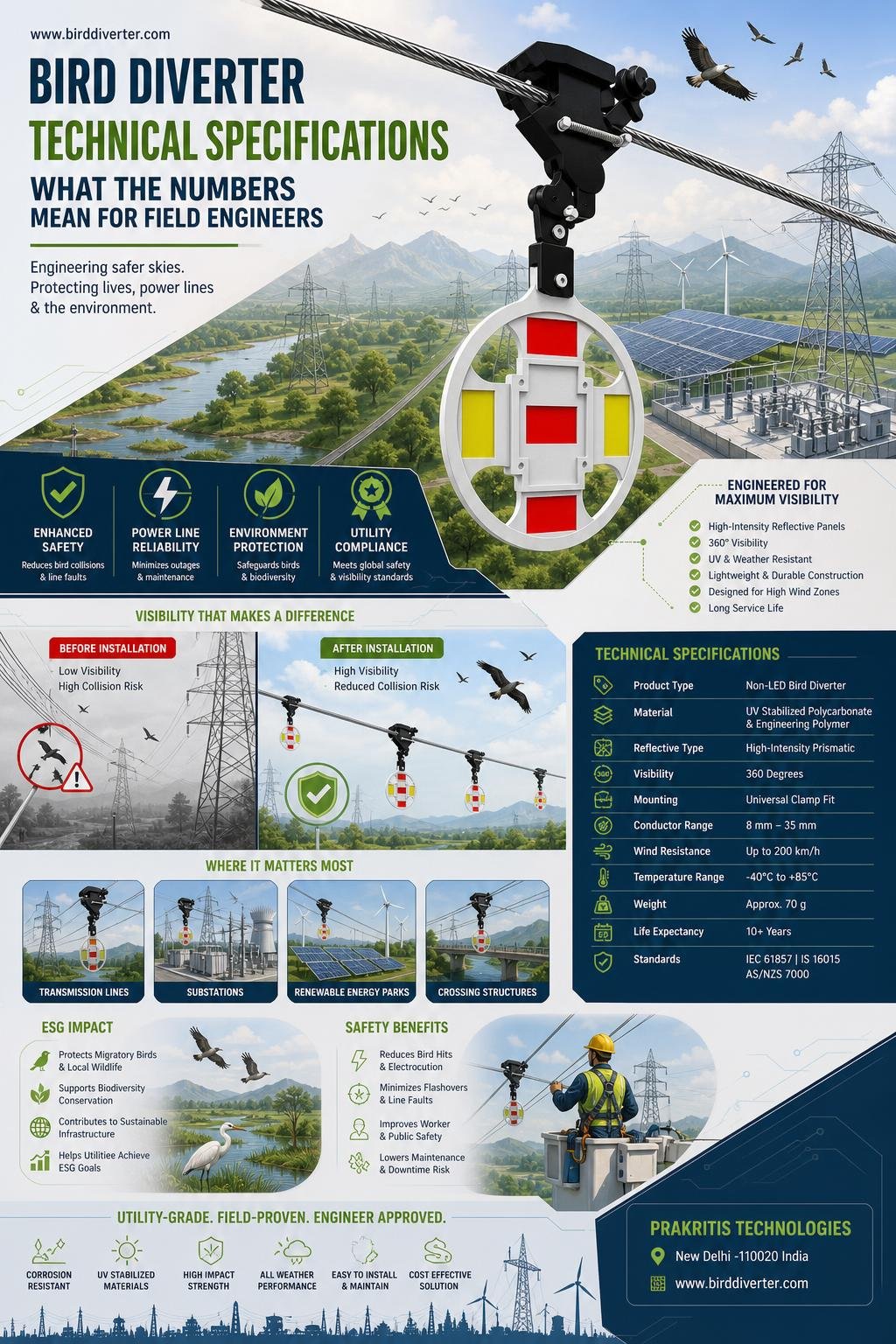 Bird Diverter Technical Specifications — What the Numbers Mean for Field Engineers