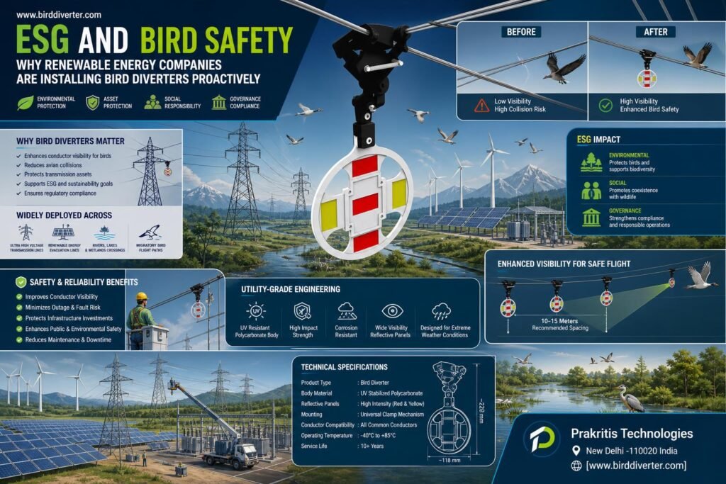 Bird diverter installation on renewable energy transmission lines for ESG compliance in avian protection.