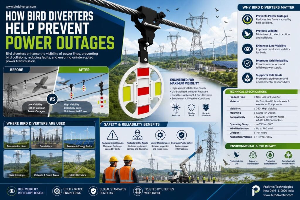 Bird diverter installed on a transmission line for power outage prevention.