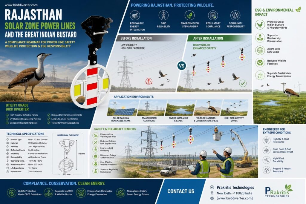 Rajasthan solar power line featuring bird diverters for Great Indian Bustard protection
