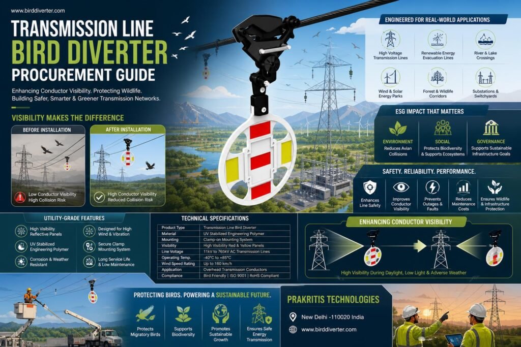 A bird diverter installed on high-voltage transmission lines for enhanced safety and avian protection.
