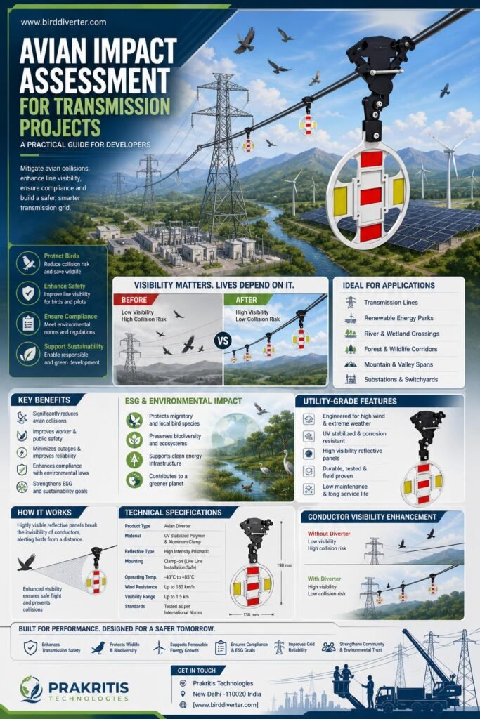 Avian impact assessment visual on transmission line safety with bird diverters.