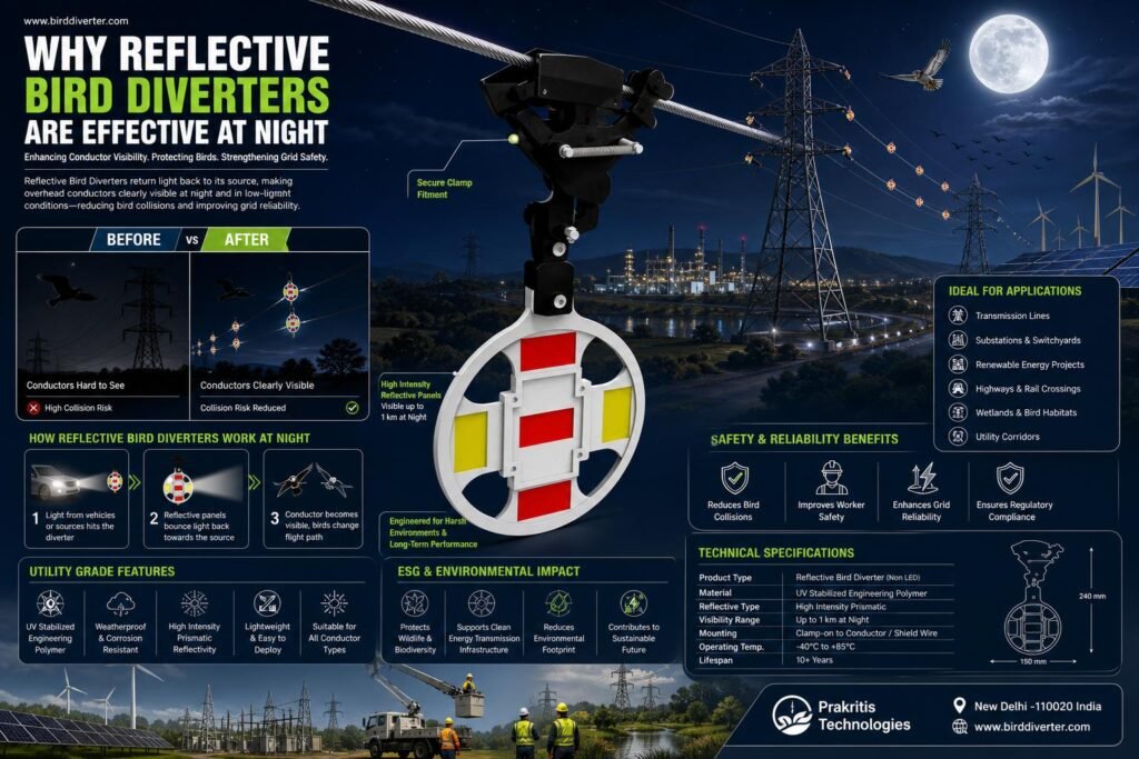 Reflective bird diverter installation on high-voltage transmission lines enhancing night visibility for utility infrastructure.