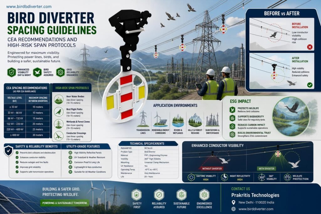 Bird diverter spacing guide CEA for utility infrastructure in transmission lines.