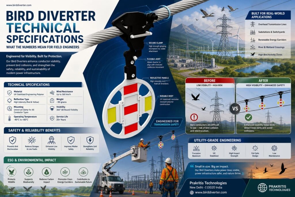 Detailed illustration of bird diverter technical specifications for utility infrastructure.